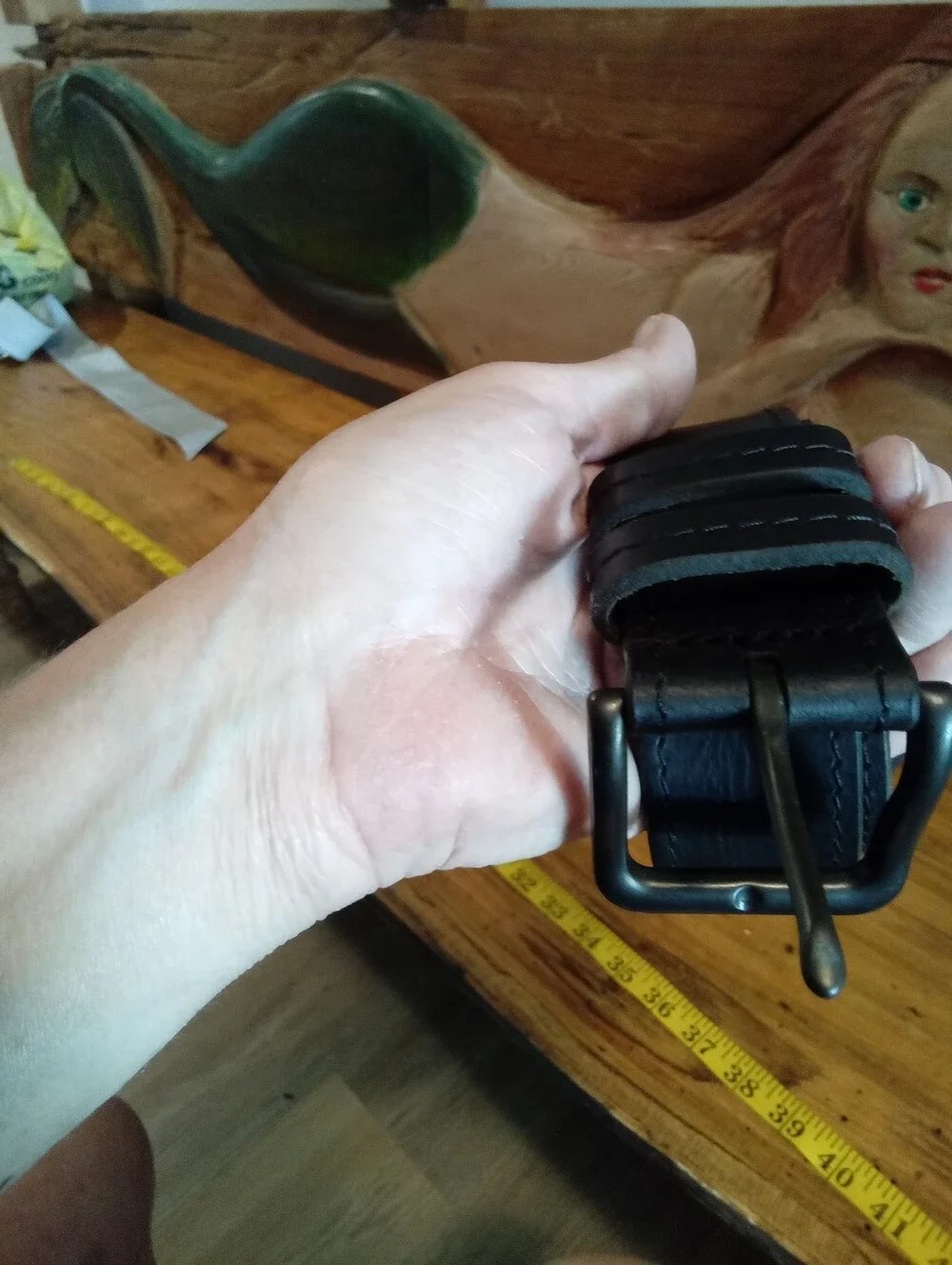 Premium Black Leather Men's Belt -Black Square Buckle Sz 34